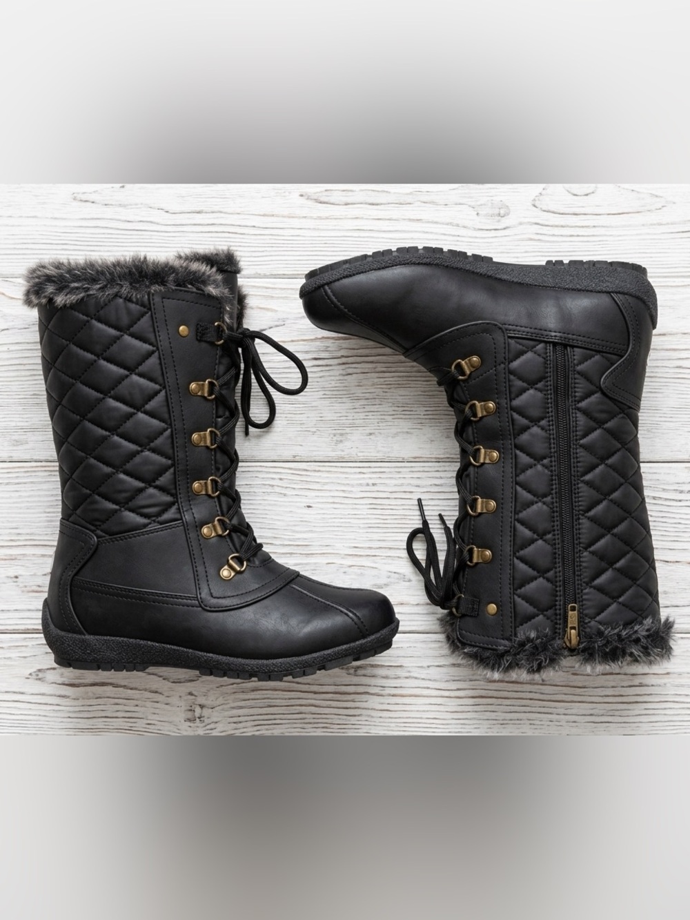 Sporto Women's Black Winter Duck Boots Size 8.5 Faux Fur Trim Laced